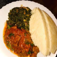 A picture of Beef stew, ugali and mixed vegetables #themechallenge.