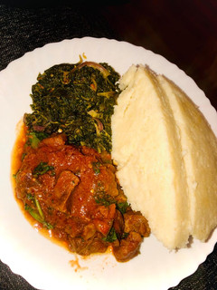 A picture of Beef stew, ugali and mixed vegetables #themechallenge.