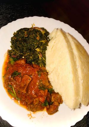 A picture of Beef stew, ugali and mixed vegetables #themechallenge.