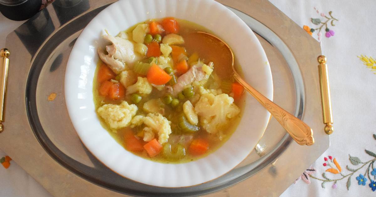 Chicken and vegetable soup with semolina dumplings Recipe by Eva Jones
