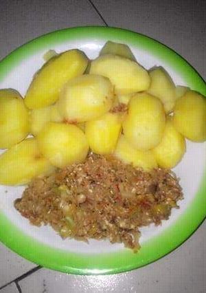 A picture of Boiled irish with Scrabble egg and cabbage.