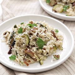 A picture of Japanese Eggplant, Zucchini, and Olive Rice with Marjoram and Parmesan.