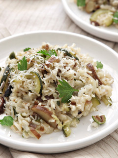 A picture of Japanese Eggplant, Zucchini, and Olive Rice with Marjoram and Parmesan.