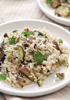 A picture of Japanese Eggplant, Zucchini, and Olive Rice with Marjoram and Parmesan.