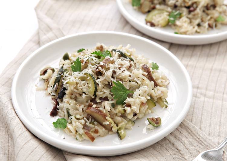 Japanese Eggplant, Zucchini, and Olive Rice with Marjoram and Parmesan