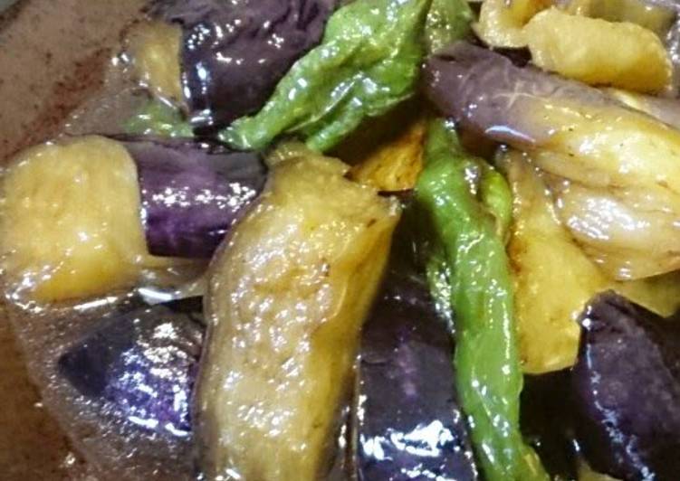 Eggplant and Shishito Peppers Deep-fried and Simmered