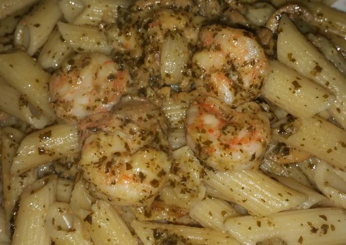 Penne with Shrimp in Pesto Sauce.