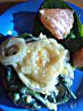 sig's Spinach with mild onion sauce on grilled apples