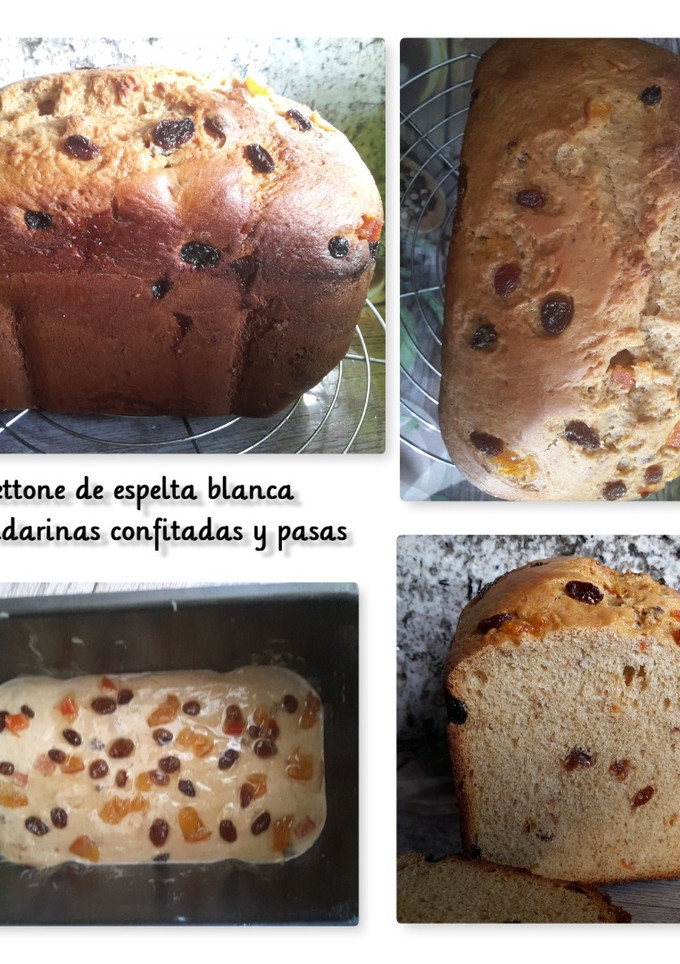 Una foto de Panettone de espelta blanca con mandarinas confitadas y pasas (en panificadora)