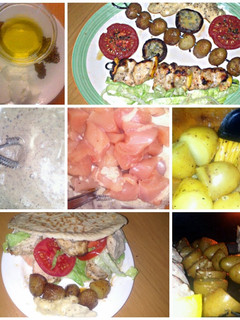 A picture of sig's garlic and lemon kebab with garlic dip.
