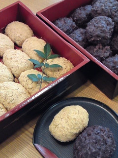 A picture of Ohagi with Adzuki Beans and Kinako Powder.