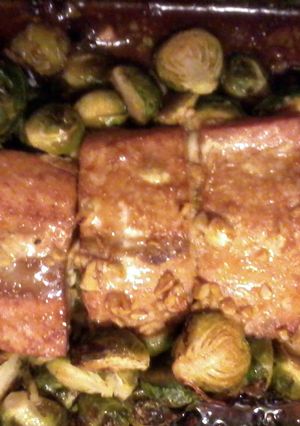 A picture of Garlic and Teriyaki Roasted Salmon with Brussel Sprouts.