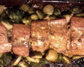 Ready to Serve Garlic and Teriyaki Roasted Salmon with Brussel Sprouts Savory Delicious