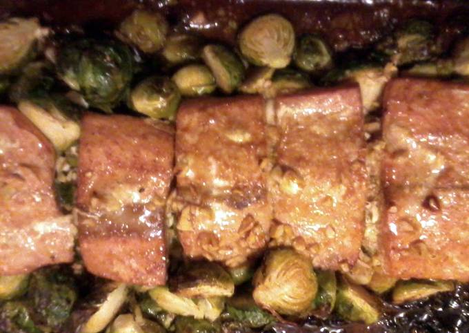 Recipe of Award-winning Garlic and Teriyaki Roasted Salmon with Brussel Sprouts