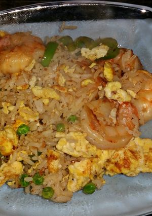 A picture of Shrimp, Egg and Pea fried rice.