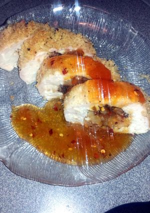 A picture of Bacon,mushroom stuffed chicken breast.