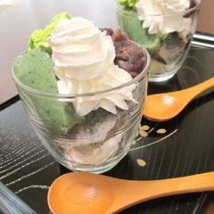 A Japanese Confection: Namafu Parfait with An-mitsu and Oshiruko A picture of A Japanese Confection: Namafu Parfait with An-mitsu and Oshiruko.