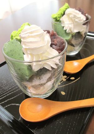 A picture of A Japanese Confection: Namafu Parfait with An-mitsu and Oshiruko.