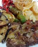 Bistec de ternera añojo con verduras salteadas y patatas fritas