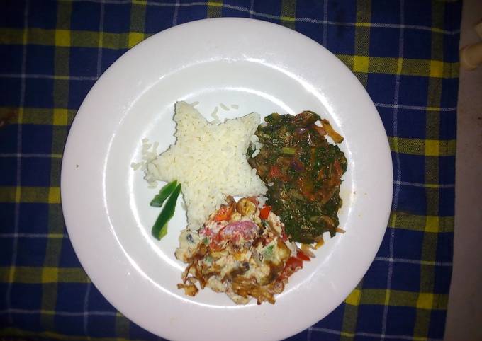 Rice,Omelet and star fried spinach