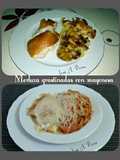 Lomo de merluza gratinada con mayonesa y varias guarniciones