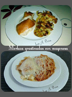 Una foto de Lomo de merluza gratinada con mayonesa y varias guarniciones