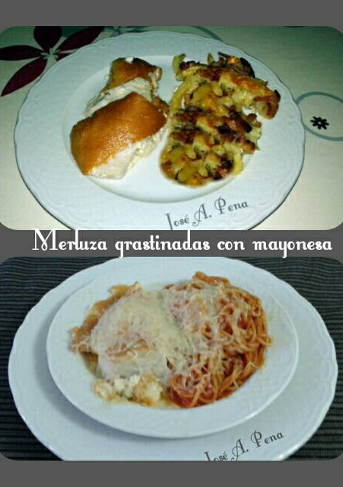 Una foto de Lomo de merluza gratinada con mayonesa y varias guarniciones