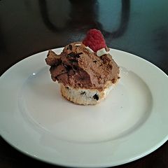 A picture of Chocolate Chip Angel.Food Cupcakes with Chocolate Whipped Cream Frosting.