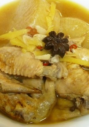 A picture of Chinese-Style Simmered Chicken Wings and Daikon Radish with Star Anise In a Pressure Cooker.