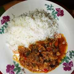 A picture of Rice and garden egg stew.