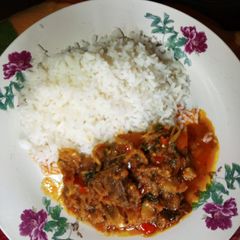 A picture of Rice and garden egg stew.