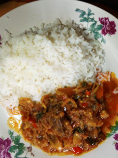 A picture of Rice and garden egg stew.