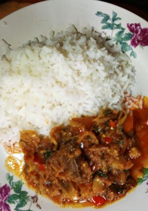 A picture of Rice and garden egg stew.