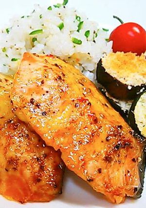 A picture of Oven-Baked Salmon with Sweet Chili Mayo Sauce.