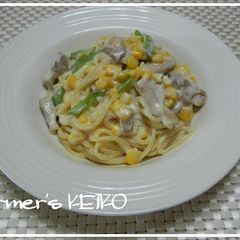 A picture of Chicken and Corn Cream Spaghetti.