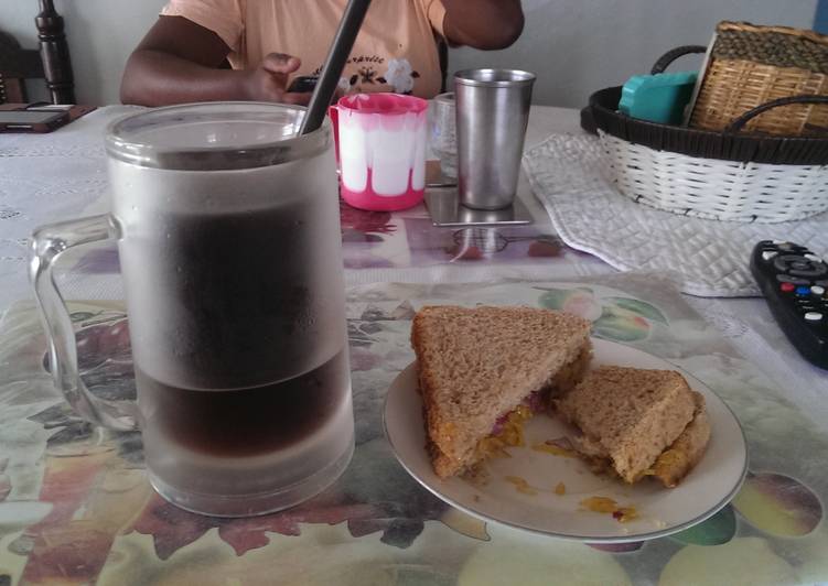 Leftover veg sandwhich with iced coffee