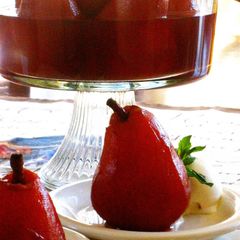 A picture of Pear Compote Made with Red Wine.