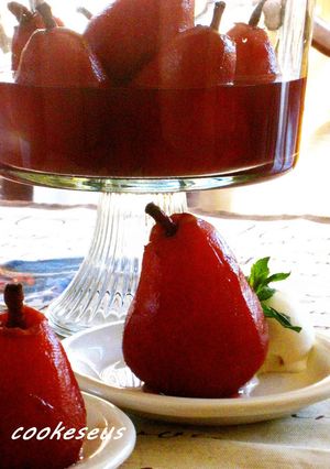 A picture of Pear Compote Made with Red Wine.