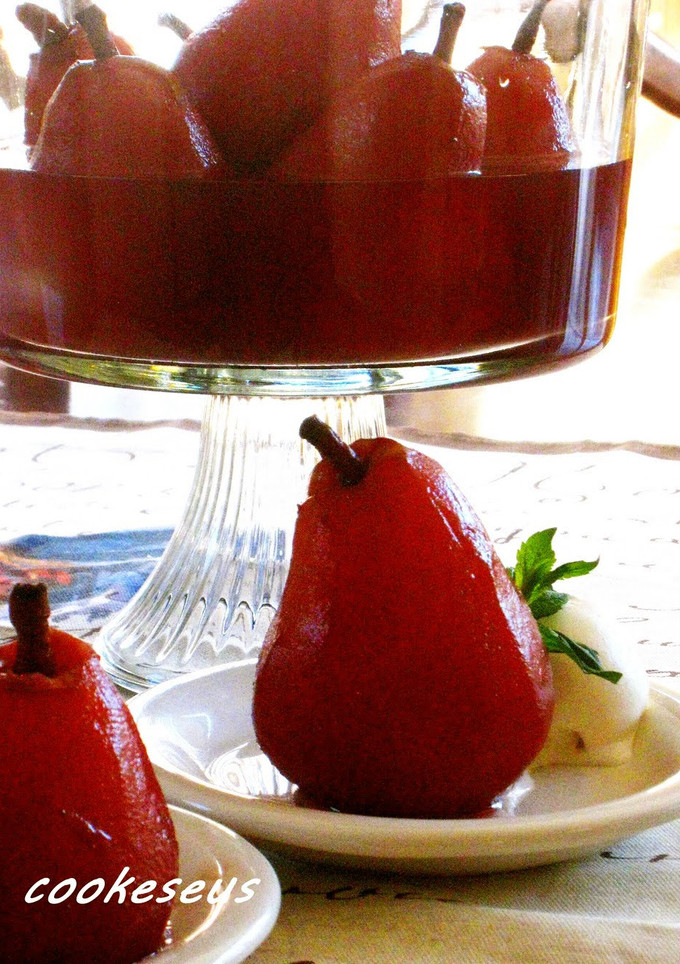 A picture of Pear Compote Made with Red Wine.