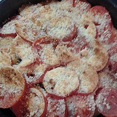 A picture of French tomato, potato, zucchini bake.