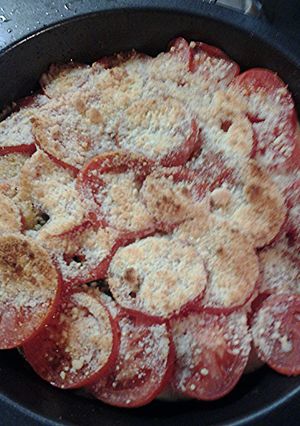 A picture of French tomato, potato, zucchini bake.