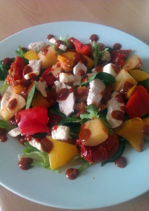 A picture of Vickys Chargrilled Chicken, Potato & Chorizo Salad with Paprika Dressing.