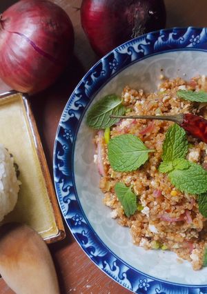 A picture of Thai Laab with chicken breast and quinoa.