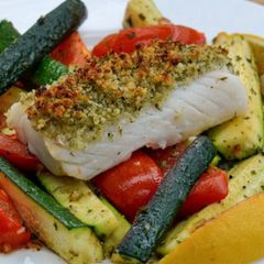A picture of Zesty lemon pepper baked Cod and roasted vegetables.