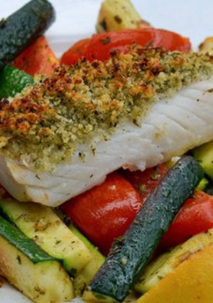 A picture of Zesty lemon pepper baked Cod and roasted vegetables.
