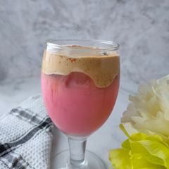 A picture of Cold Beetroot dalgona coffee.