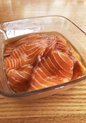 A picture of Seasoned Salmon with Sesame Oil and Mentsuyu.