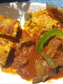 A picture of Stewed Liver, Cabbages and Chappattis.