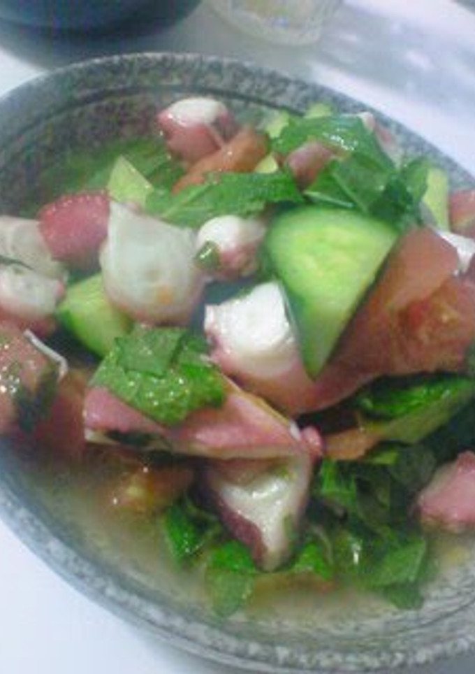 A picture of Octopus and Cucumber Salad with Lemon Dressing.