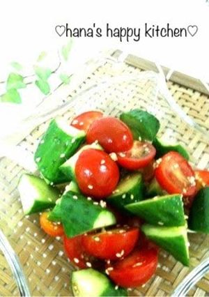 A picture of Oil-free Tomato and Cucumber Salad with Kombu Tea.